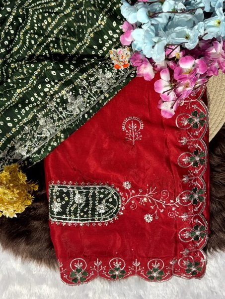Effortless Red Chinon Silk Saree with Rayon Bandhani Blouse At Wholesale Rate Embroidery Sarees Wholesale