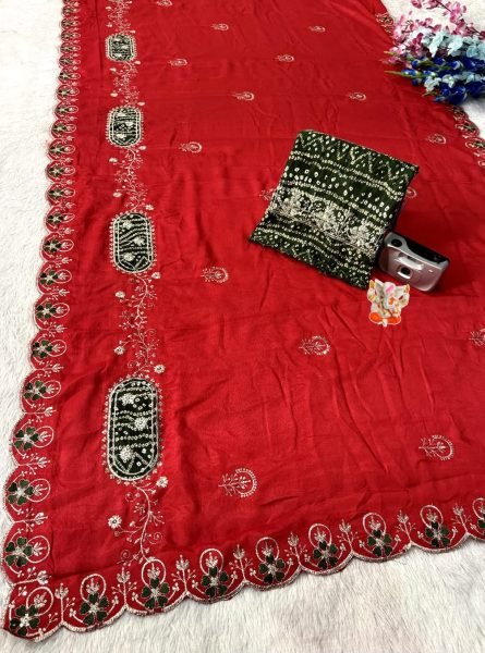 Effortless Red Chinon Silk Saree with Rayon Bandhani Blouse At Wholesale Rate Embroidery Sarees Wholesale