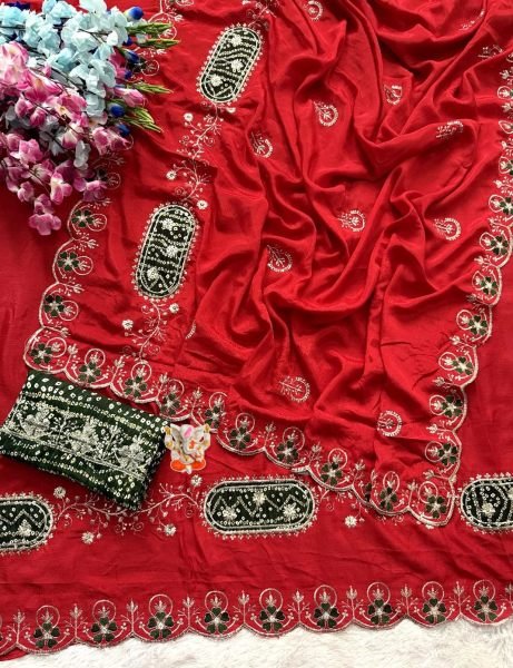 Effortless Red Chinon Silk Saree with Rayon Bandhani Blouse At Wholesale Rate Embroidery Sarees Wholesale