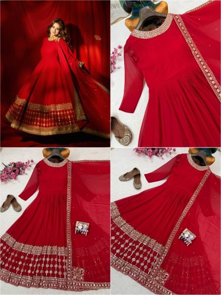 Effortless Red Faux Georgette Gown with 5mm Sequin and Zari Work at Manufacturer  Ready To Wear Collection