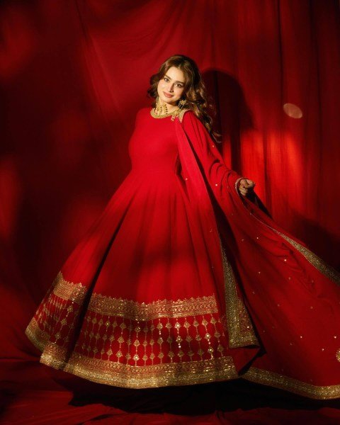 Effortless Red Faux Georgette Gown with 5mm Sequin and Zari Work at Manufacturer  Ready To Wear Collection