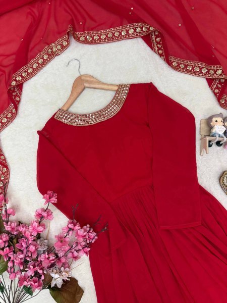 Effortless Red Faux Georgette Gown with 5mm Sequin and Zari Work at Manufacturer  Ready To Wear Collection