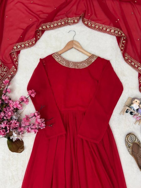 Effortless Red Faux Georgette Gown with 5mm Sequin and Zari Work at Manufacturer  Ready To Wear Collection