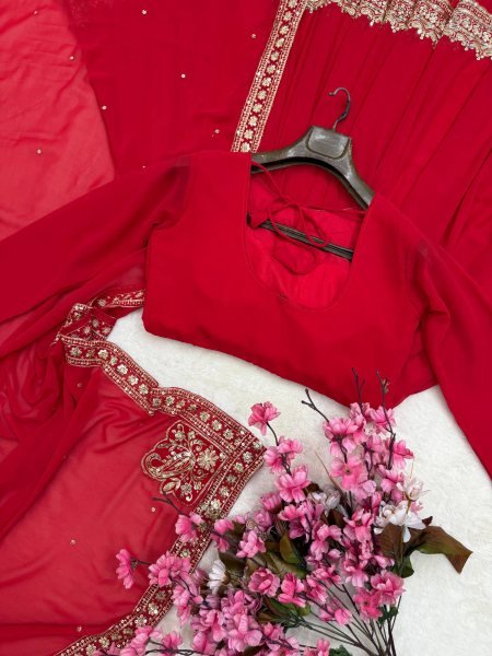 Effortless Red Faux Georgette Gown with 5mm Sequin and Zari Work at Manufacturer  Ready To Wear Collection
