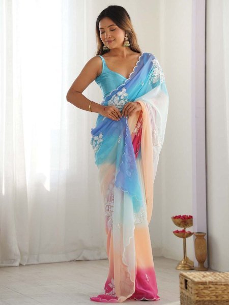 Effortless Sky blue Padding Georgette Sequins Embroidered Saree Embroidery Sarees Wholesale