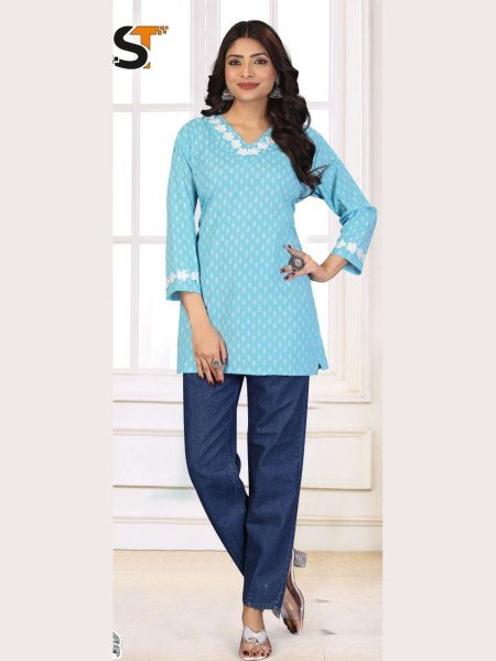 Effortless Sky Blue Printed Cotton Short Top for Daily Wear at Casual Outing  Tunics kurti