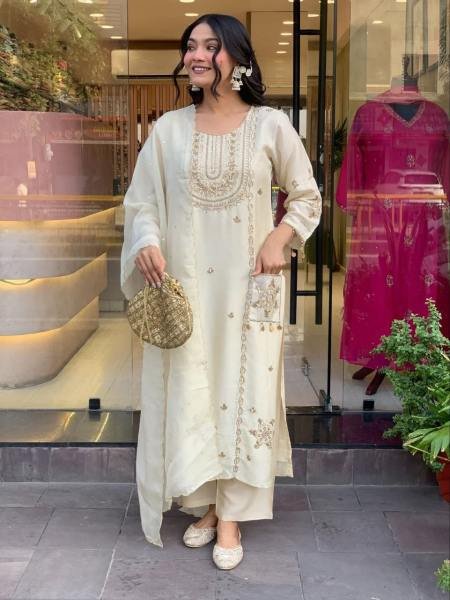 Effortless White Art Silk Embroidered Kurti Set with Heavy Georgette Dupatta For Festive Wear 3 Piece Kurti Set