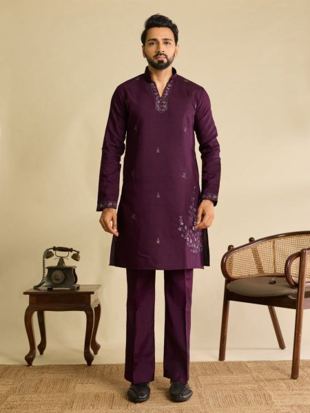 Effortless Wine Boutique Quality Art Silk Koti Kurta Pant Set with Multi Thread Work 