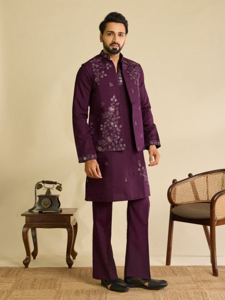 Effortless Wine Boutique Quality Art Silk Koti Kurta Pant Set with Multi Thread Work Mens Short Kurta