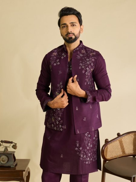 Effortless Wine Boutique Quality Art Silk Koti Kurta Pant Set with Multi Thread Work Mens Short Kurta