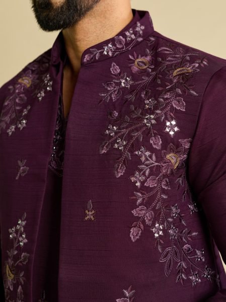 Effortless Wine Boutique Quality Art Silk Koti Kurta Pant Set with Multi Thread Work Mens Short Kurta