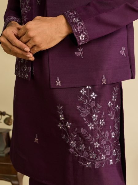 Effortless Wine Boutique Quality Art Silk Koti Kurta Pant Set with Multi Thread Work Mens Short Kurta