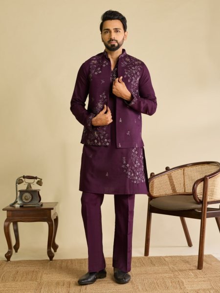 Effortless Wine Boutique Quality Art Silk Koti Kurta Pant Set with Multi Thread Work Mens Short Kurta