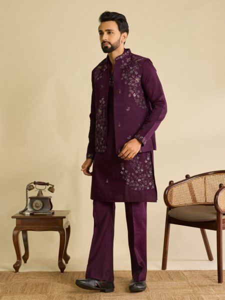 Effortless Wine Boutique Quality Art Silk Koti Kurta Pant Set with Multi Thread Work Mens Short Kurta