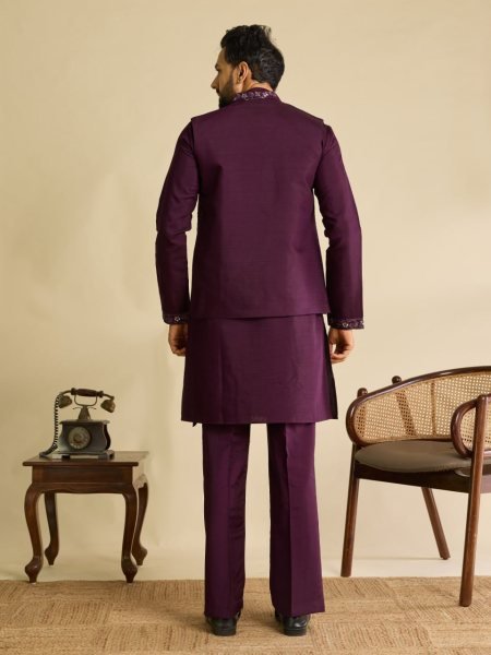 Effortless Wine Boutique Quality Art Silk Koti Kurta Pant Set with Multi Thread Work Mens Short Kurta