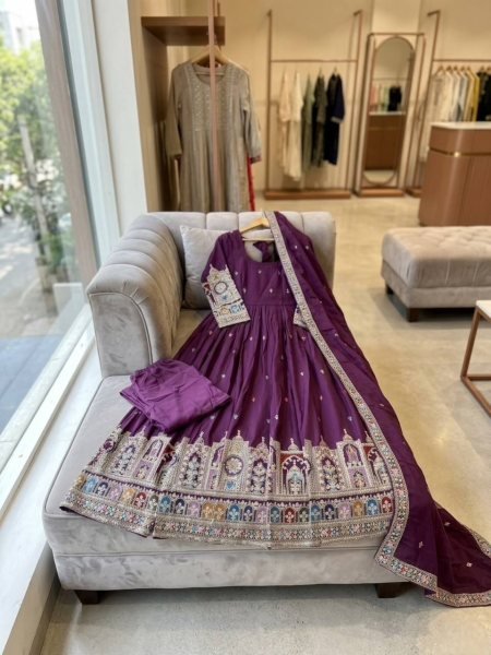 Effortless Wine Chinnon Silk Gown Pant Dupatta Set with Embroidery for Women Ready To Wear Collection