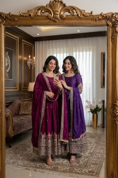 Effortless Wine Chinnon Silk Gown Pant Dupatta Set with Embroidery for Women Ready To Wear Collection