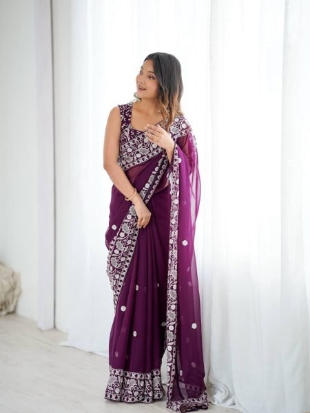 Effortless Wine Faux Georgette Saree with Full Body Thread Embroidery at Wholesale Rate 