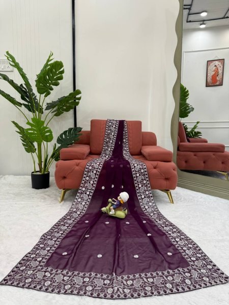 Effortless Wine Faux Georgette Saree with Full Body Thread Embroidery at Wholesale Rate Georgette Sarees Wholesale