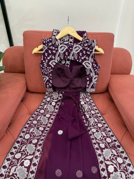 Effortless Wine Faux Georgette Saree with Full Body Thread Embroidery at Wholesale Rate Georgette Sarees Wholesale