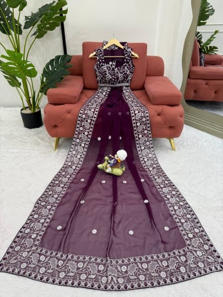 Effortless Wine Faux Georgette Saree with Full Body Thread Embroidery at Wholesale Rate Georgette Sarees Wholesale