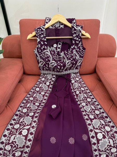 Effortless Wine Faux Georgette Saree with Full Body Thread Embroidery at Wholesale Rate Georgette Sarees Wholesale