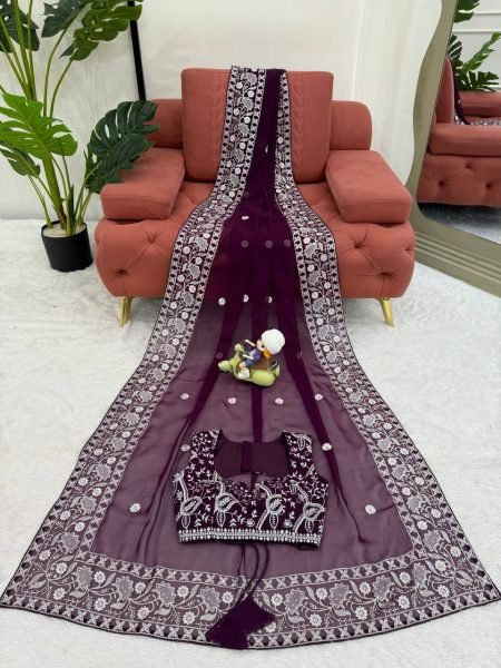 Effortless Wine Faux Georgette Saree with Full Body Thread Embroidery at Wholesale Rate Georgette Sarees Wholesale