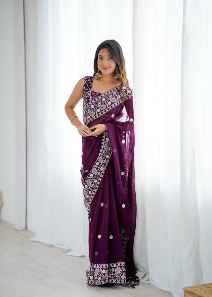 Effortless Wine Faux Georgette Saree with Full Body Thread Embroidery at Wholesale Rate Georgette Sarees Wholesale