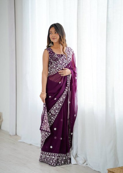 Effortless Wine Faux Georgette Saree with Full Body Thread Embroidery at Wholesale Rate Georgette Sarees Wholesale