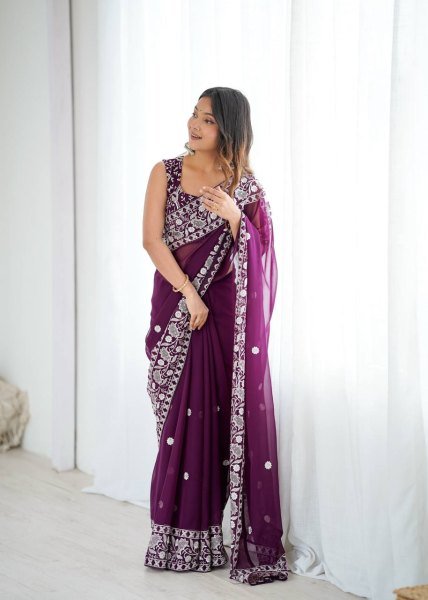 Effortless Wine Faux Georgette Saree with Full Body Thread Embroidery at Wholesale Rate Georgette Sarees Wholesale