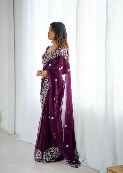 Effortless Wine Faux Georgette Saree with Full Body Thread Embroidery at Wholesale Rate Georgette Sarees Wholesale