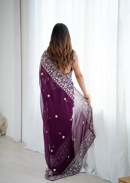 Effortless Wine Faux Georgette Saree with Full Body Thread Embroidery at Wholesale Rate Georgette Sarees Wholesale