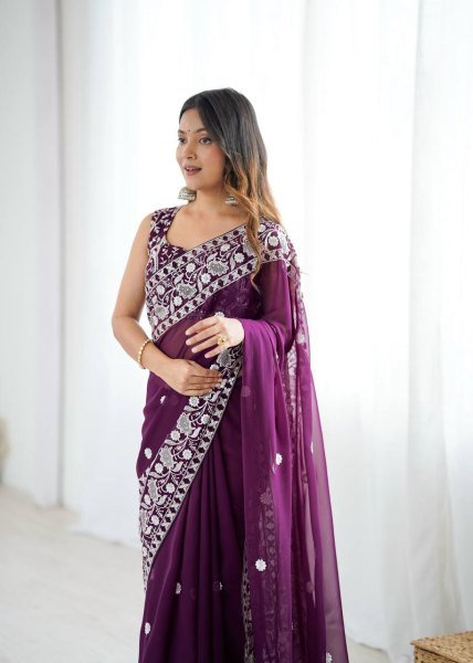 Effortless Wine Faux Georgette Saree with Full Body Thread Embroidery at Wholesale Rate Georgette Sarees Wholesale