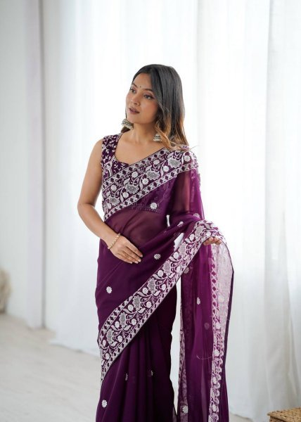 Effortless Wine Faux Georgette Saree with Full Body Thread Embroidery at Wholesale Rate Georgette Sarees Wholesale