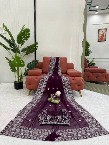 Effortless Wine Faux Georgette Saree with Full Body Thread Embroidery at Wholesale Rate Georgette Sarees Wholesale
