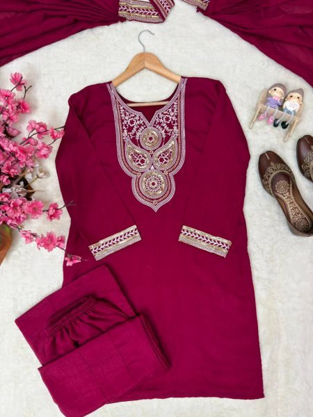 Effortless Wine Vichitra Silk Kurti Palazzo Set with Double Draped Dupatta For Party Wear Ready To Wear Collection