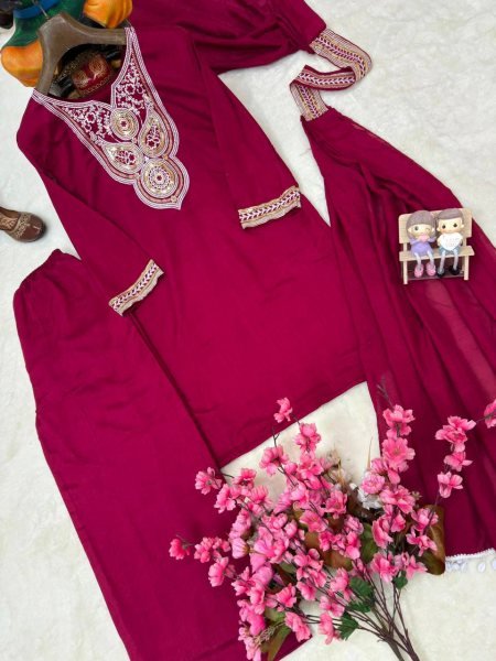 Effortless Wine Vichitra Silk Kurti Palazzo Set with Double Draped Dupatta For Party Wear Ready To Wear Collection