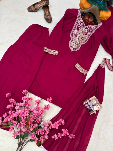 Effortless Wine Vichitra Silk Kurti Palazzo Set with Double Draped Dupatta For Party Wear Ready To Wear Collection