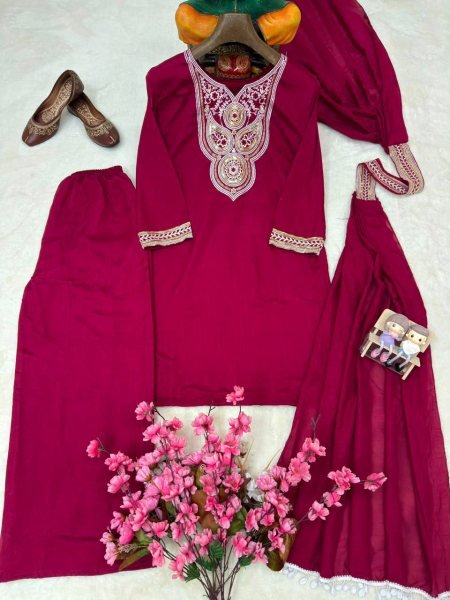 Effortless Wine Vichitra Silk Kurti Palazzo Set with Double Draped Dupatta For Party Wear Ready To Wear Collection