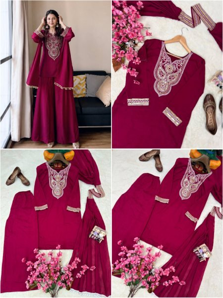 Effortless Wine Vichitra Silk Kurti Palazzo Set with Double Draped Dupatta For Party Wear Ready To Wear Collection