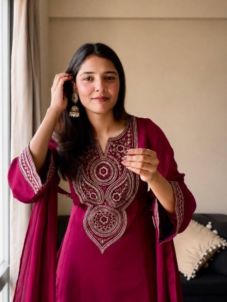 Effortless Wine Vichitra Silk Kurti Palazzo Set with Double Draped Dupatta For Party Wear Ready To Wear Collection