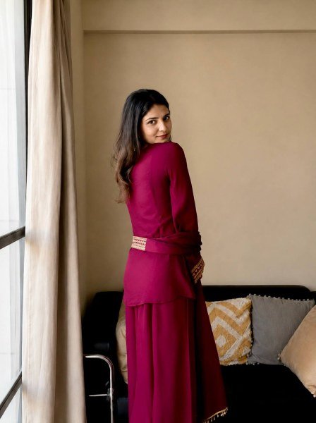 Effortless Wine Vichitra Silk Kurti Palazzo Set with Double Draped Dupatta For Party Wear Ready To Wear Collection