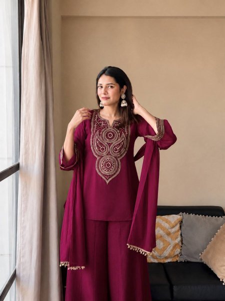 Effortless Wine Vichitra Silk Kurti Palazzo Set with Double Draped Dupatta For Party Wear Ready To Wear Collection