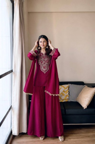Effortless Wine Vichitra Silk Kurti Palazzo Set with Double Draped Dupatta For Party Wear Ready To Wear Collection
