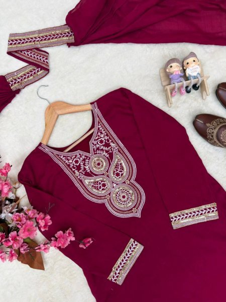 Effortless Wine Vichitra Silk Kurti Palazzo Set with Double Draped Dupatta For Party Wear Ready To Wear Collection