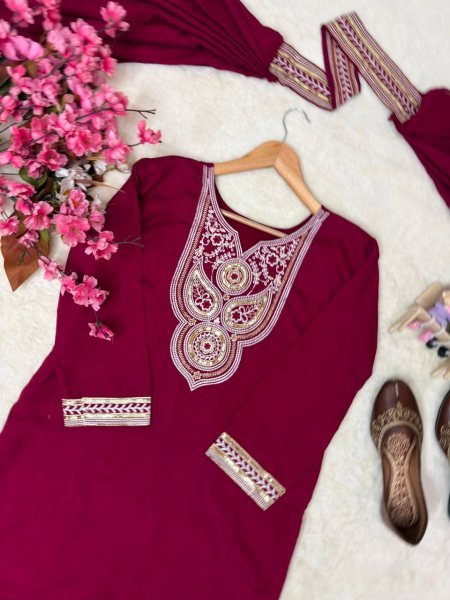 Effortless Wine Vichitra Silk Kurti Palazzo Set with Double Draped Dupatta For Party Wear Ready To Wear Collection