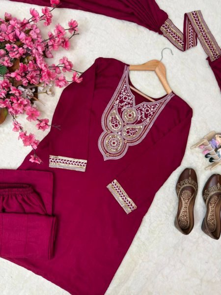 Effortless Wine Vichitra Silk Kurti Palazzo Set with Double Draped Dupatta For Party Wear Ready To Wear Collection