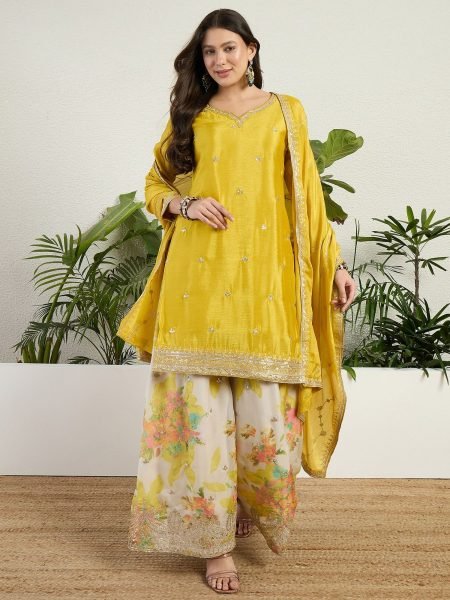 Effortless Yellow Designer Chinon Kurti Set with Matching Pant and Embroidered Dupatta Salwar Kameez