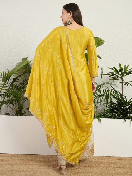 Effortless Yellow Designer Chinon Kurti Set with Matching Pant and Embroidered Dupatta Designer Plazzo Salwar Suits Wholesale