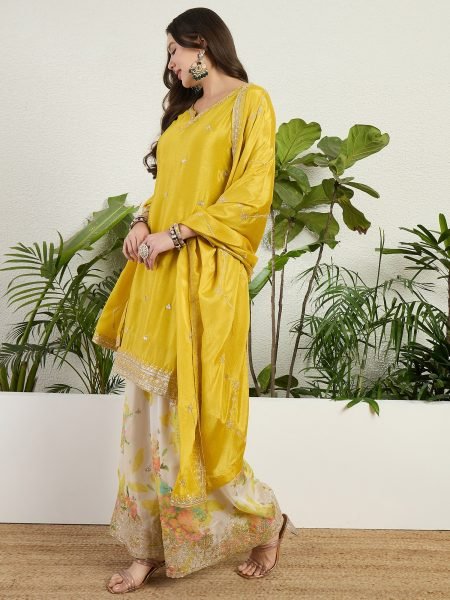 Effortless Yellow Designer Chinon Kurti Set with Matching Pant and Embroidered Dupatta Designer Plazzo Salwar Suits Wholesale
